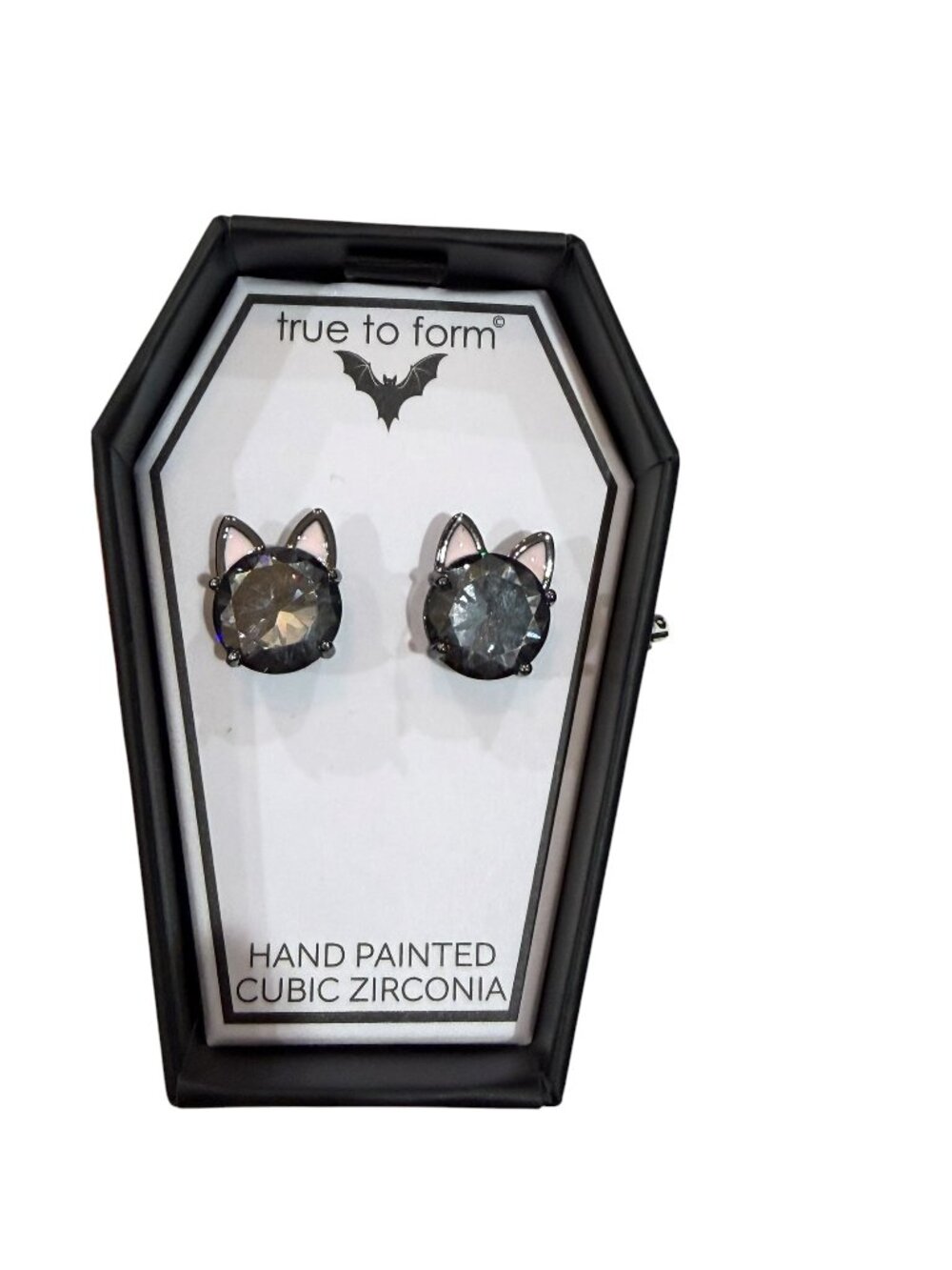 True To Form Cat Stud Earrings  Halloween Hand Painted Cubic Zirconia NIB